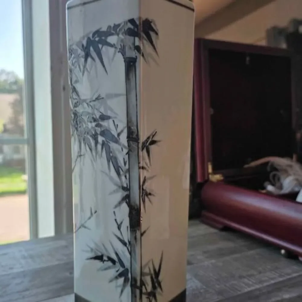 Vintage Pier 1 Imports ceramic square column vase  hand-painted bamboo